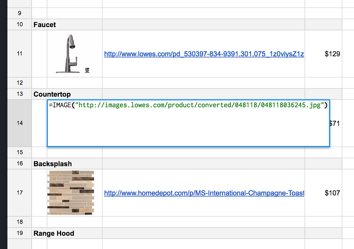 Screenshot of image cells in a Google Sheets document